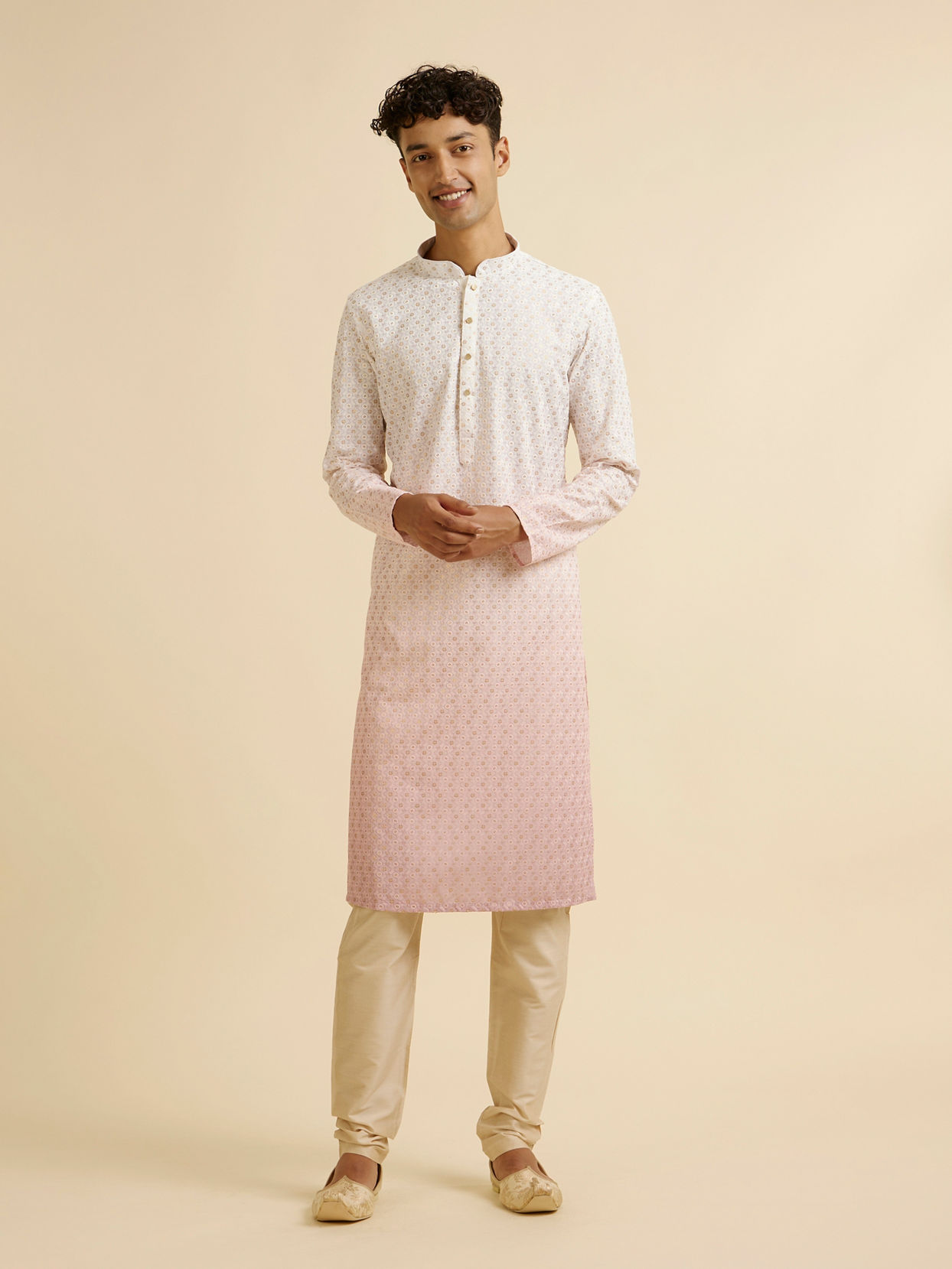Manyavar Men Pink Ombre Dyed Chikankari Kurta Set