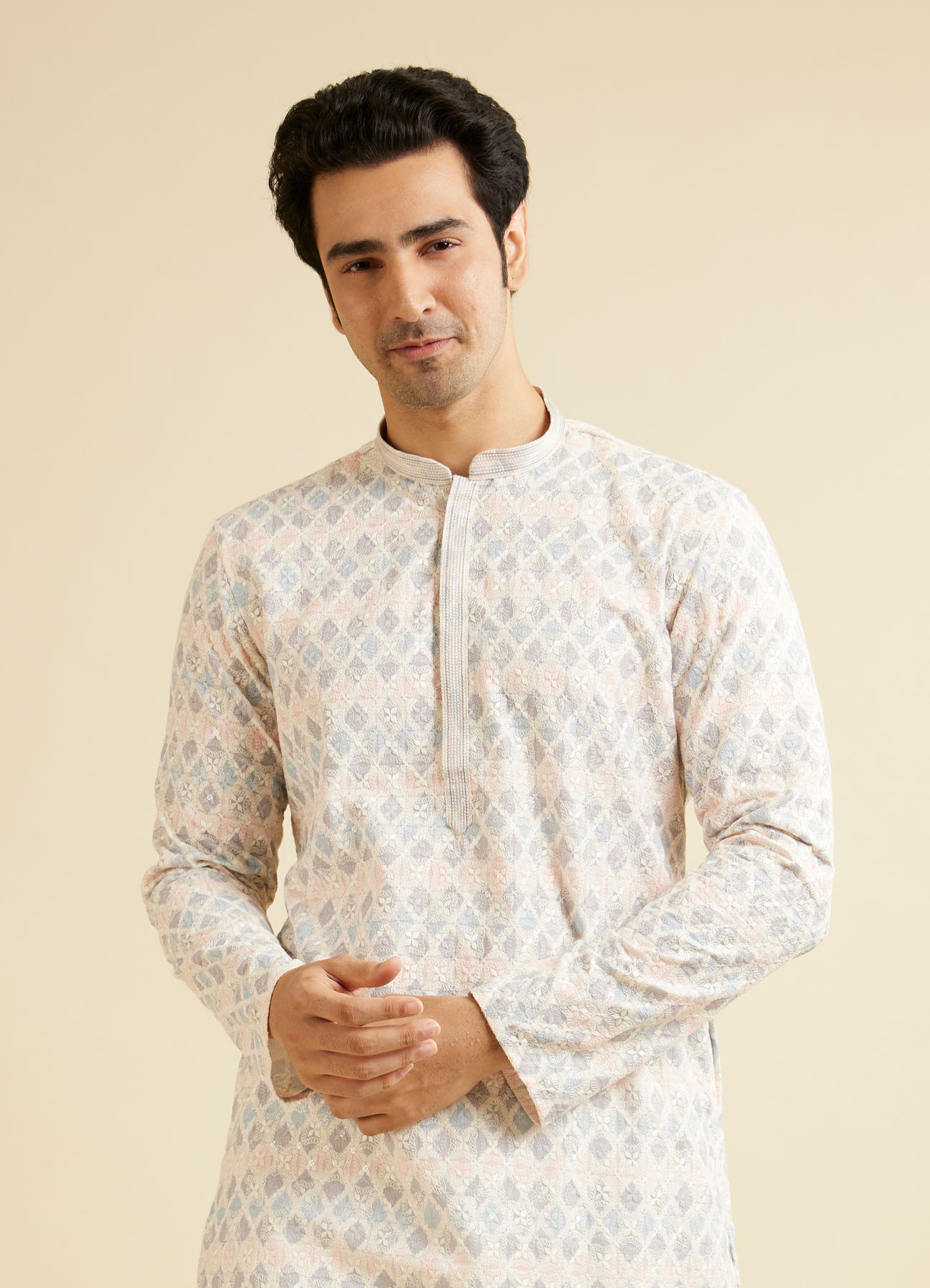 Manyavar Men Warm White Chikankari Inspired Sequinned Kurta Set