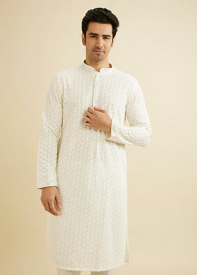 Manyavar Men Warm White Chikankari Embroidered Kurta Set with Sequin Work