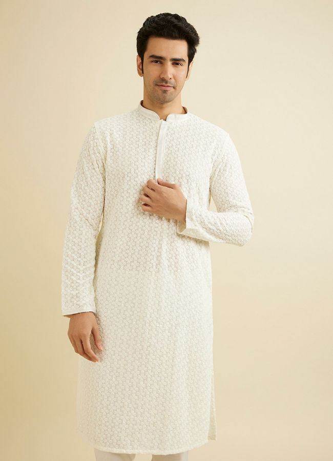 Manyavar Men Warm White Chikankari Embroidered Kurta Set with Sequin Work