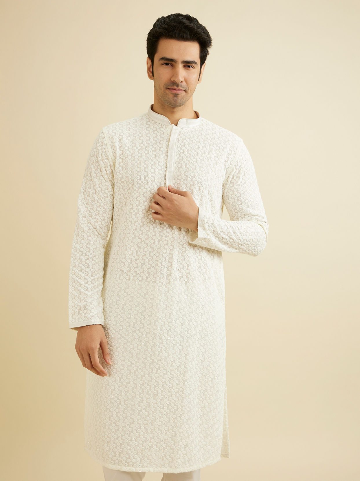 Manyavar Men Warm White Chikankari Embroidered Kurta Set with Sequin Work