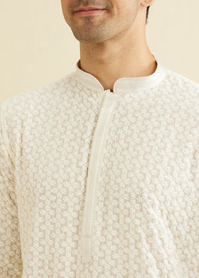 Manyavar Men Warm White Chikankari Embroidered Kurta Set with Sequin Work