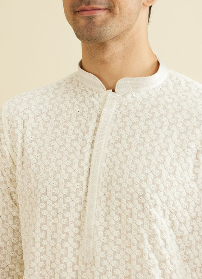 Manyavar Men Warm White Chikankari Embroidered Kurta Set with Sequin Work