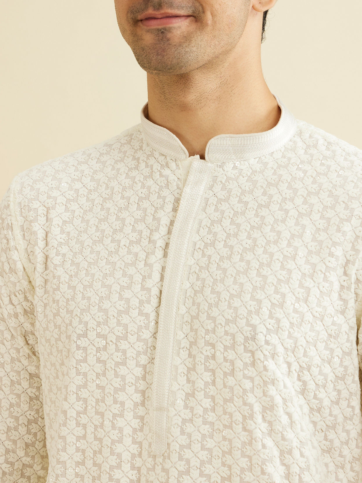 Manyavar Men Warm White Chikankari Embroidered Kurta Set with Sequin Work