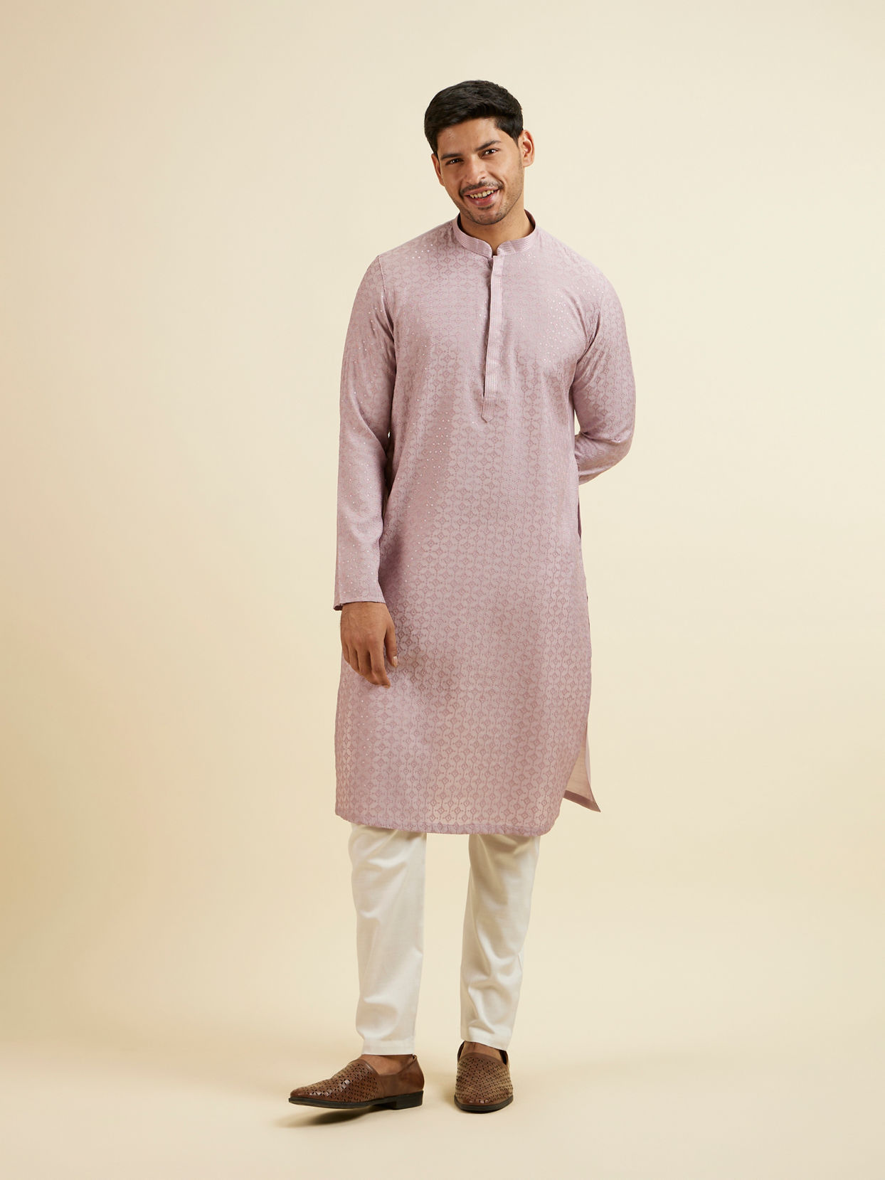 Manyavar Men Lilac Jaal Patterned Sequined Kurta Set image number 2