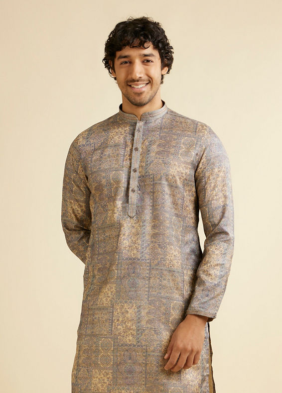 Manyavar Men Soft Beige Blended Imperial Patterned Kurta Set