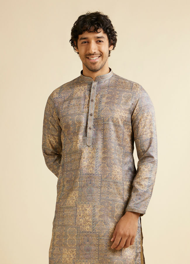 Manyavar Men Soft Beige Blended Imperial Patterned Kurta Set