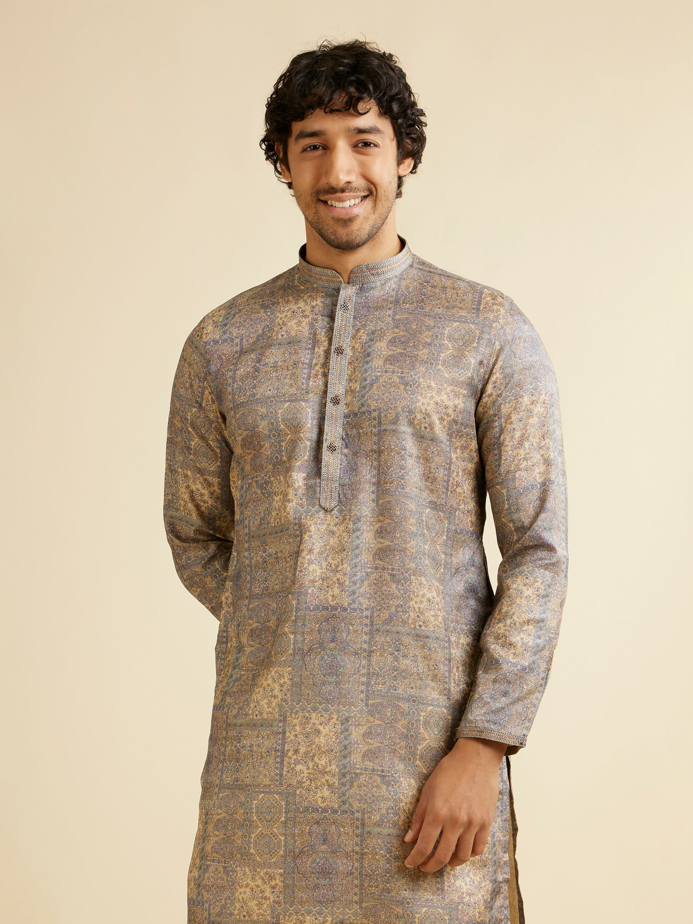 Manyavar Men Soft Beige Blended Imperial Patterned Kurta Set
