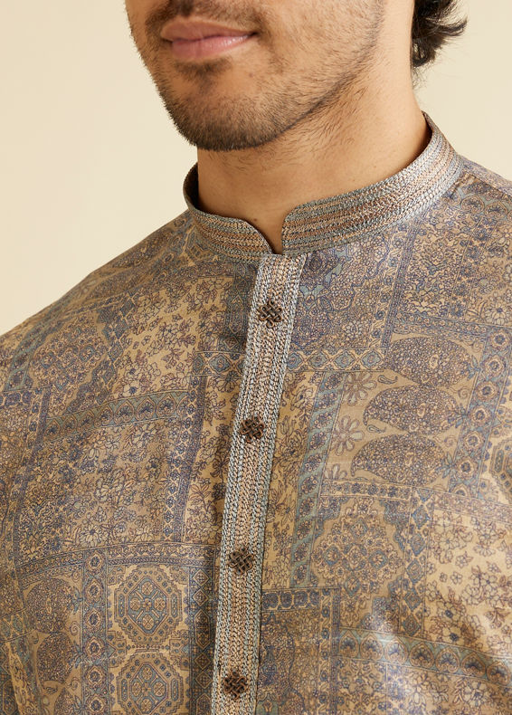 Manyavar Men Soft Beige Blended Imperial Patterned Kurta Set