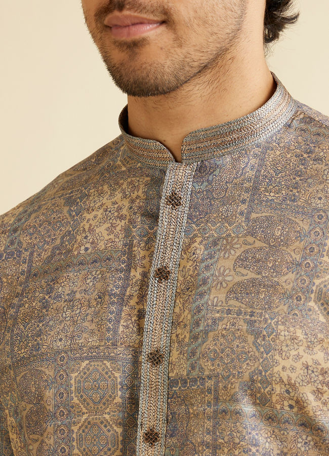 Manyavar Men Soft Beige Blended Imperial Patterned Kurta Set