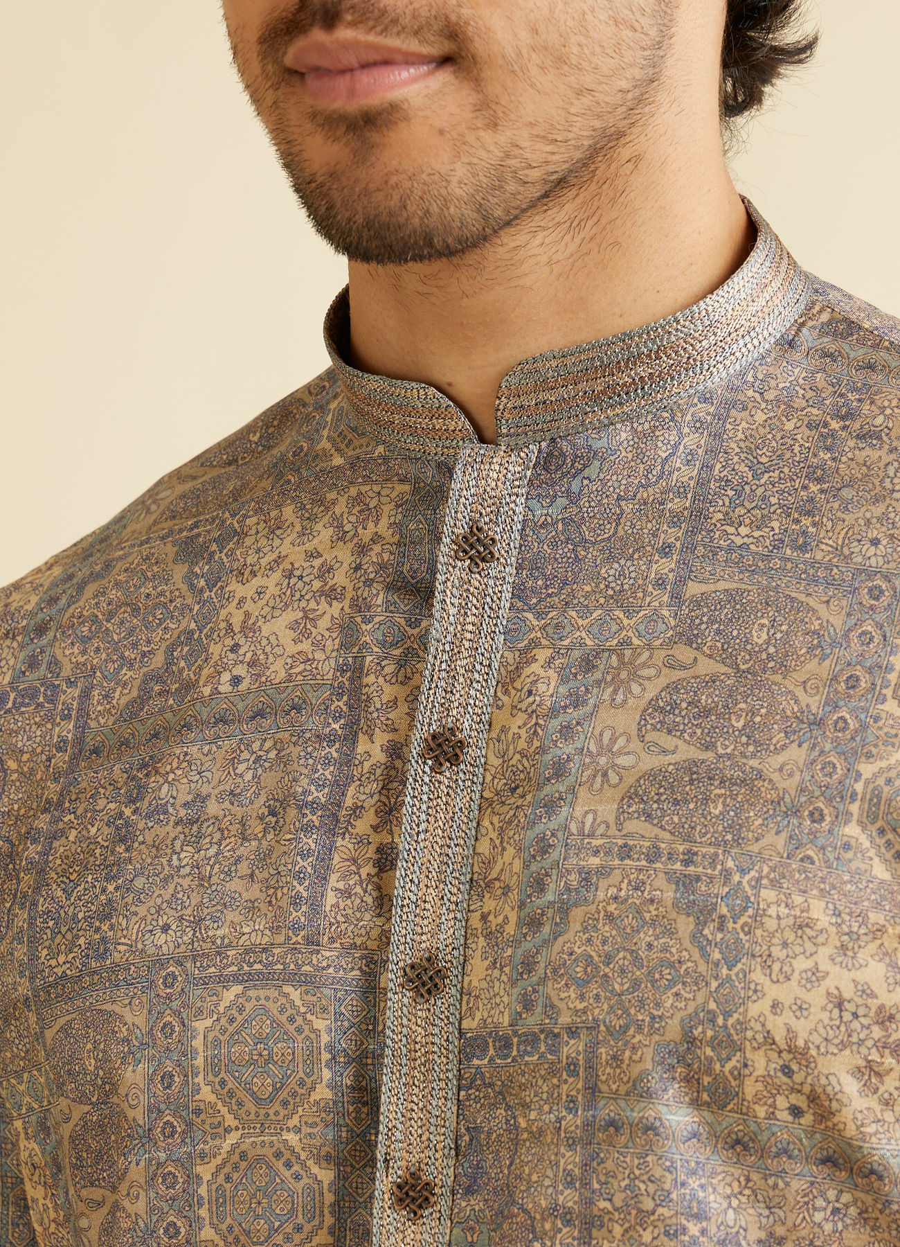 Manyavar Men Soft Beige Blended Imperial Patterned Kurta Set