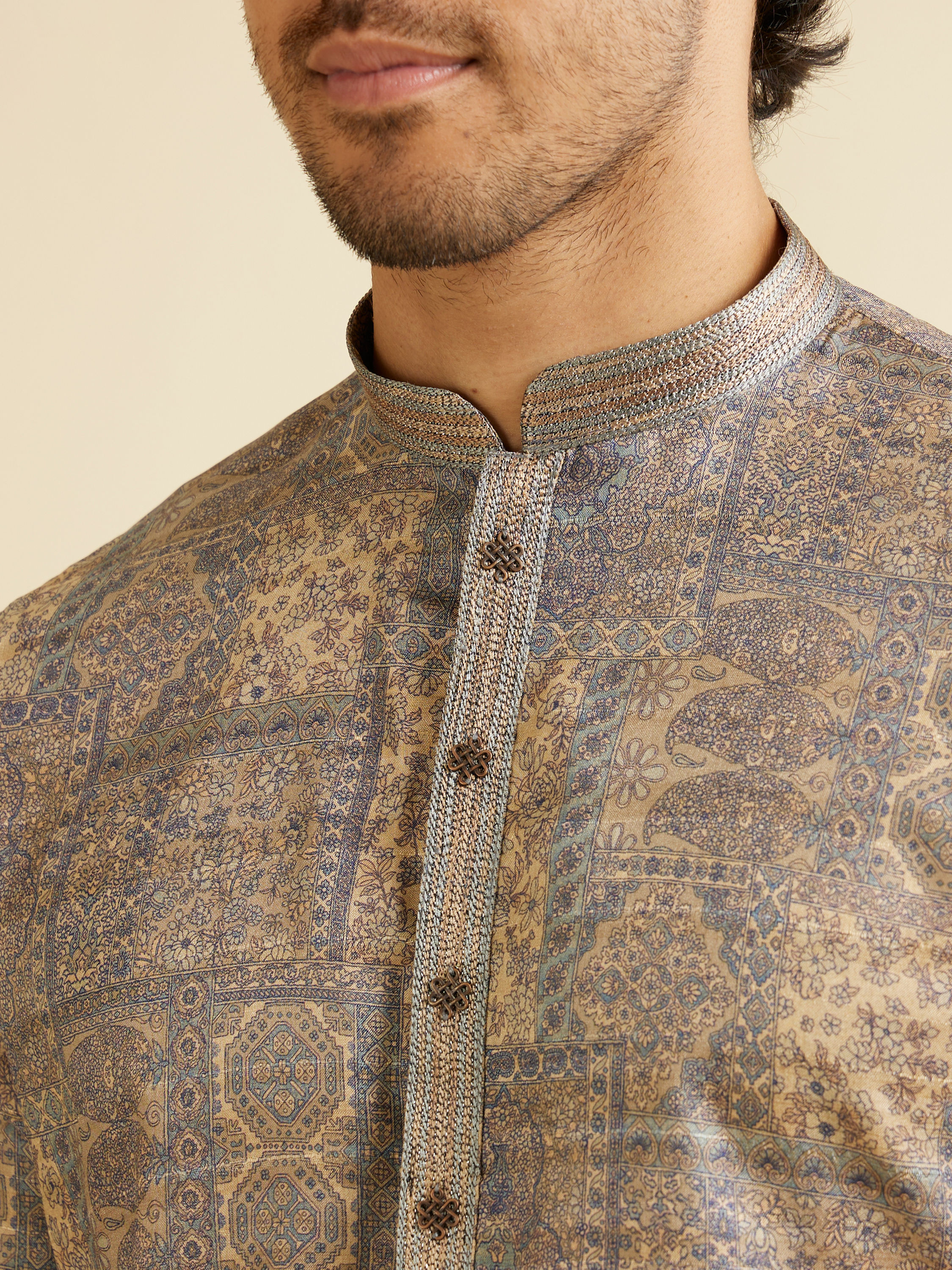 Manyavar Men Soft Beige Blended Imperial Patterned Kurta Set