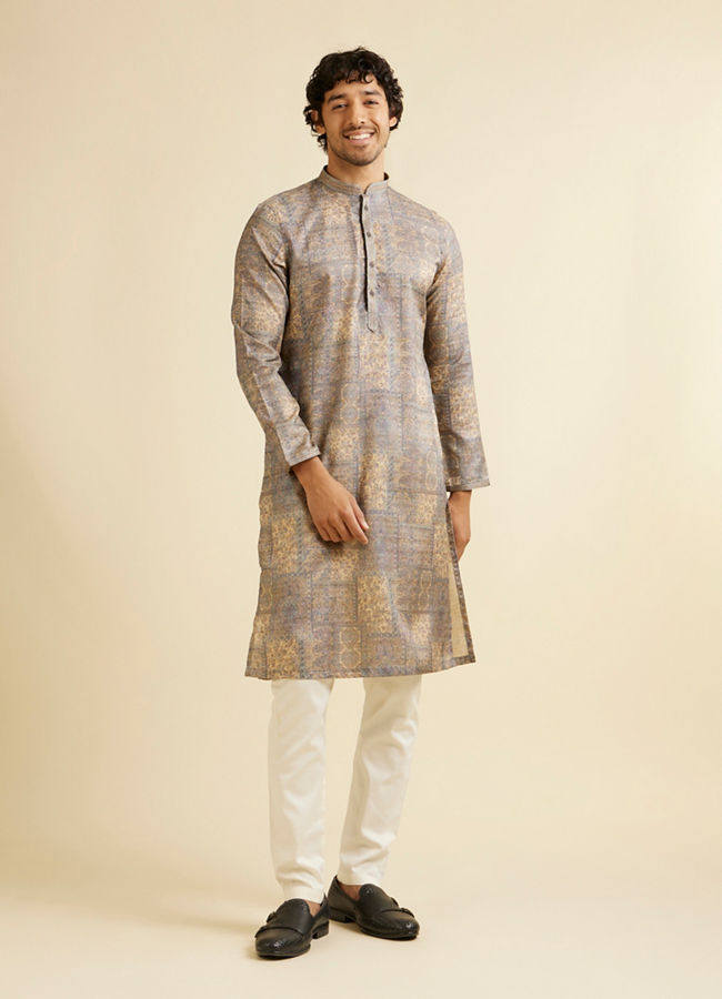 Manyavar Men Soft Beige Blended Imperial Patterned Kurta Set