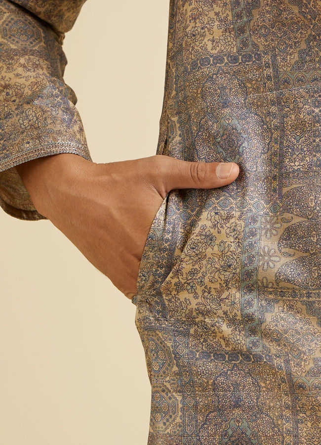 Manyavar Men Soft Beige Blended Imperial Patterned Kurta Set