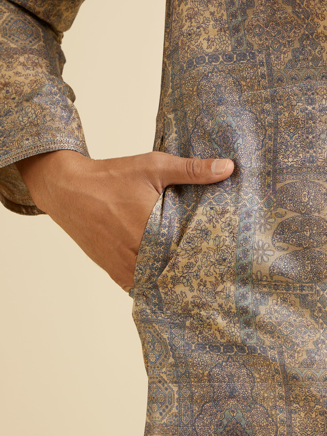 Manyavar Men Soft Beige Blended Imperial Patterned Kurta Set
