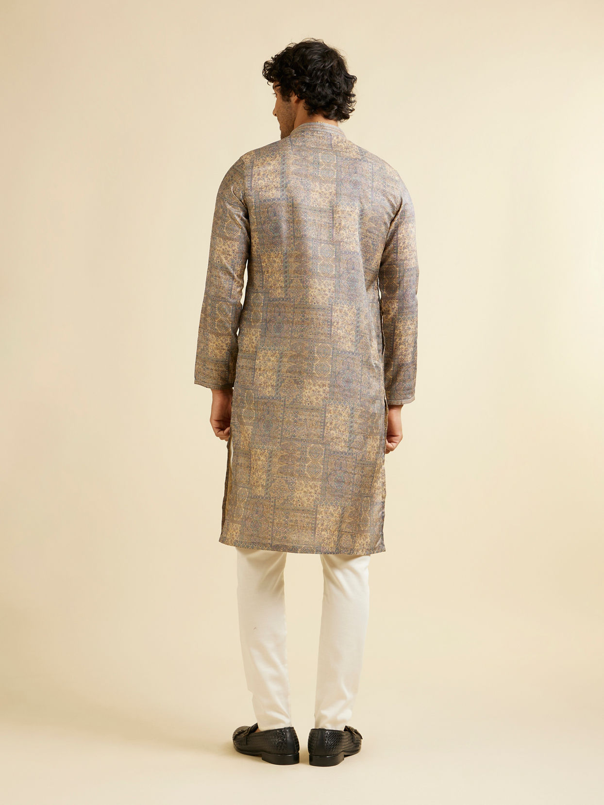 Manyavar Men Soft Beige Blended Imperial Patterned Kurta Set
