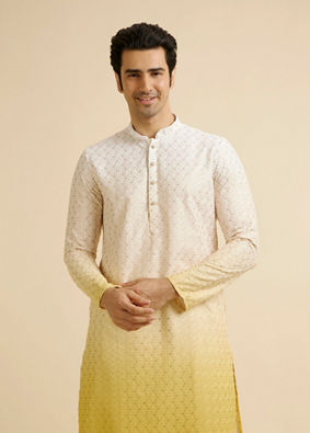 alt message - Manyavar Men Yellow Ombre Dyed Chikankari Kurta Set image number 0