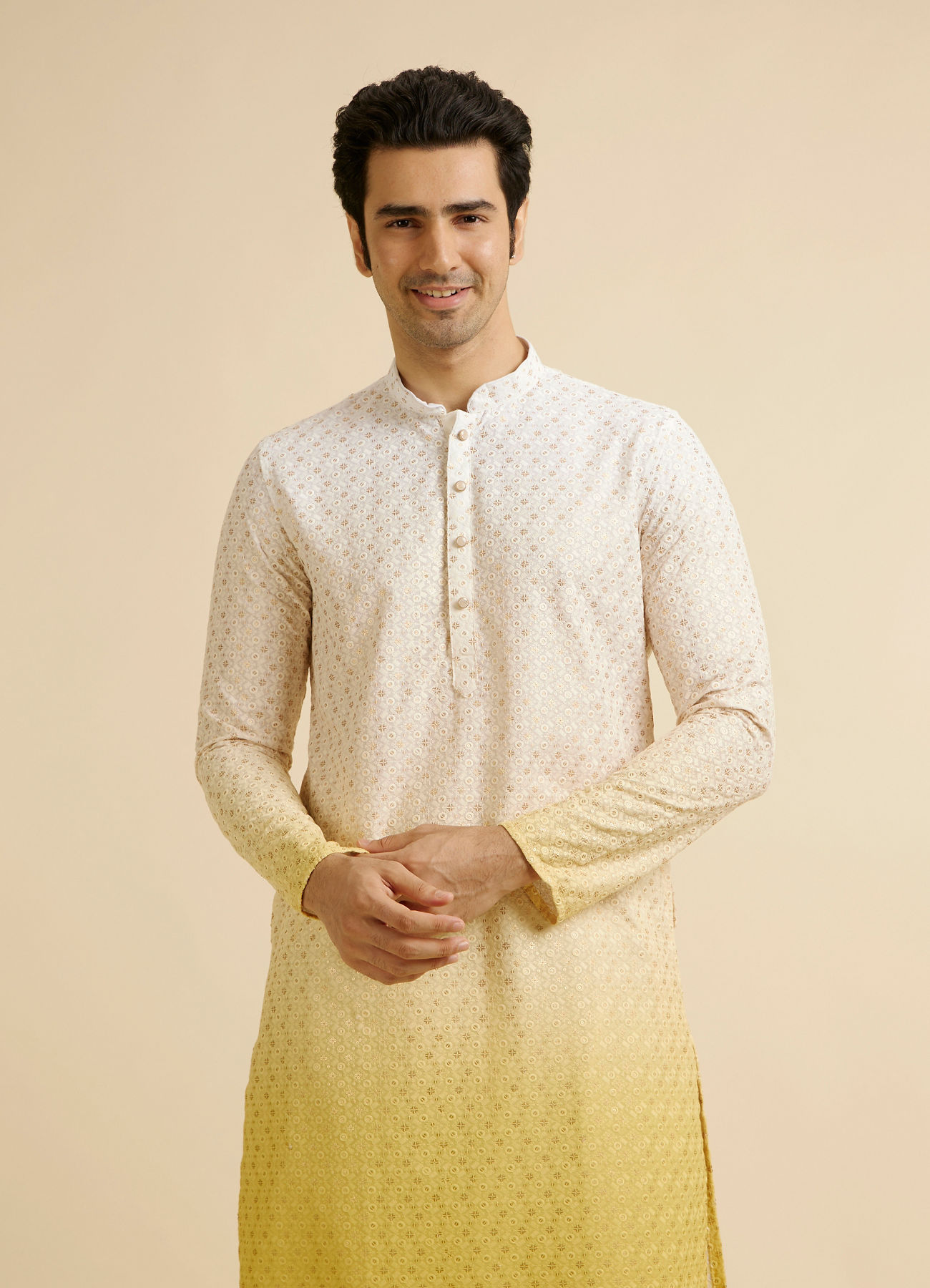 Manyavar Men Yellow Ombre Dyed Chikankari Kurta Set