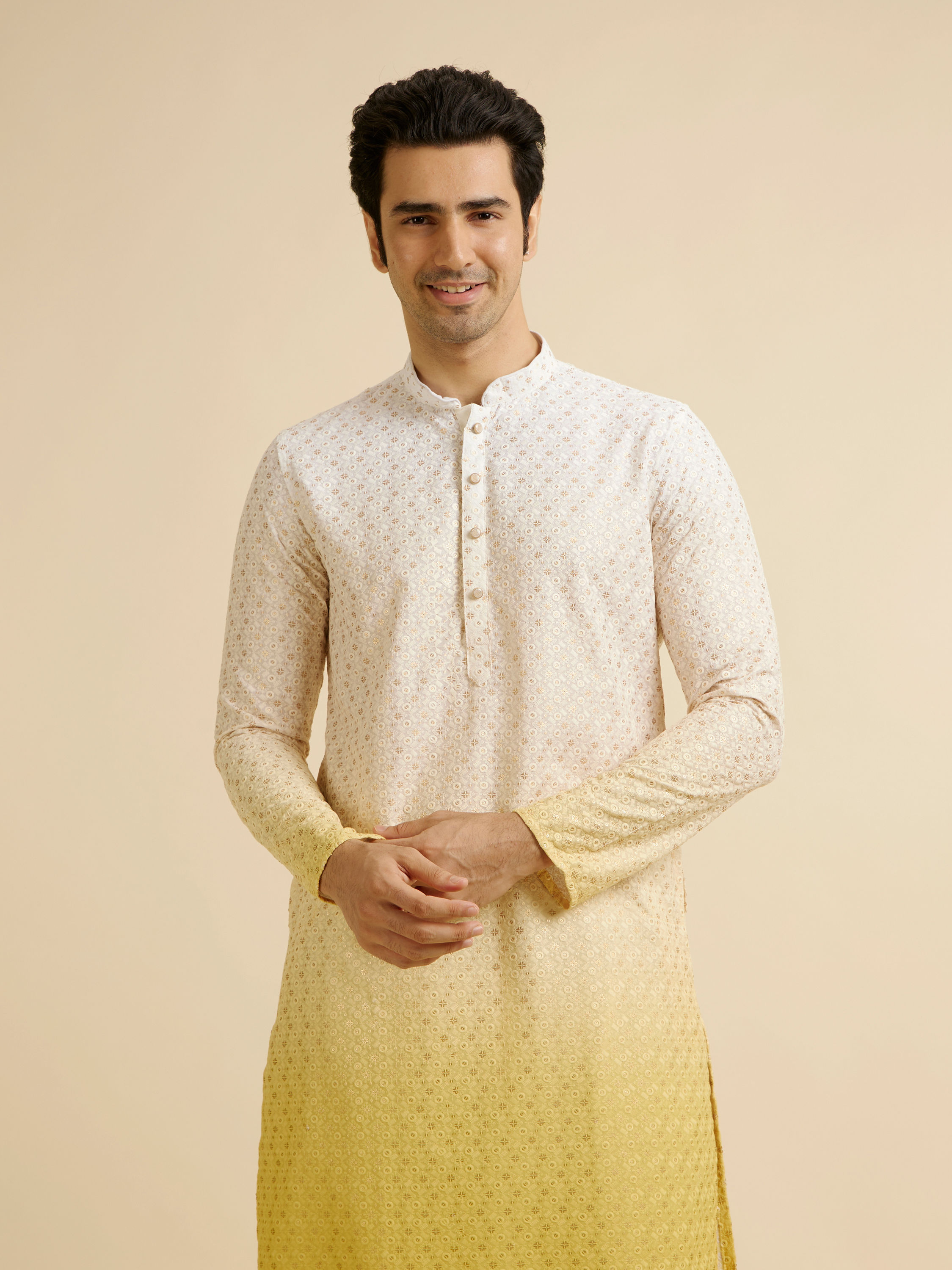 Manyavar Men Yellow Ombre Dyed Chikankari Kurta Set