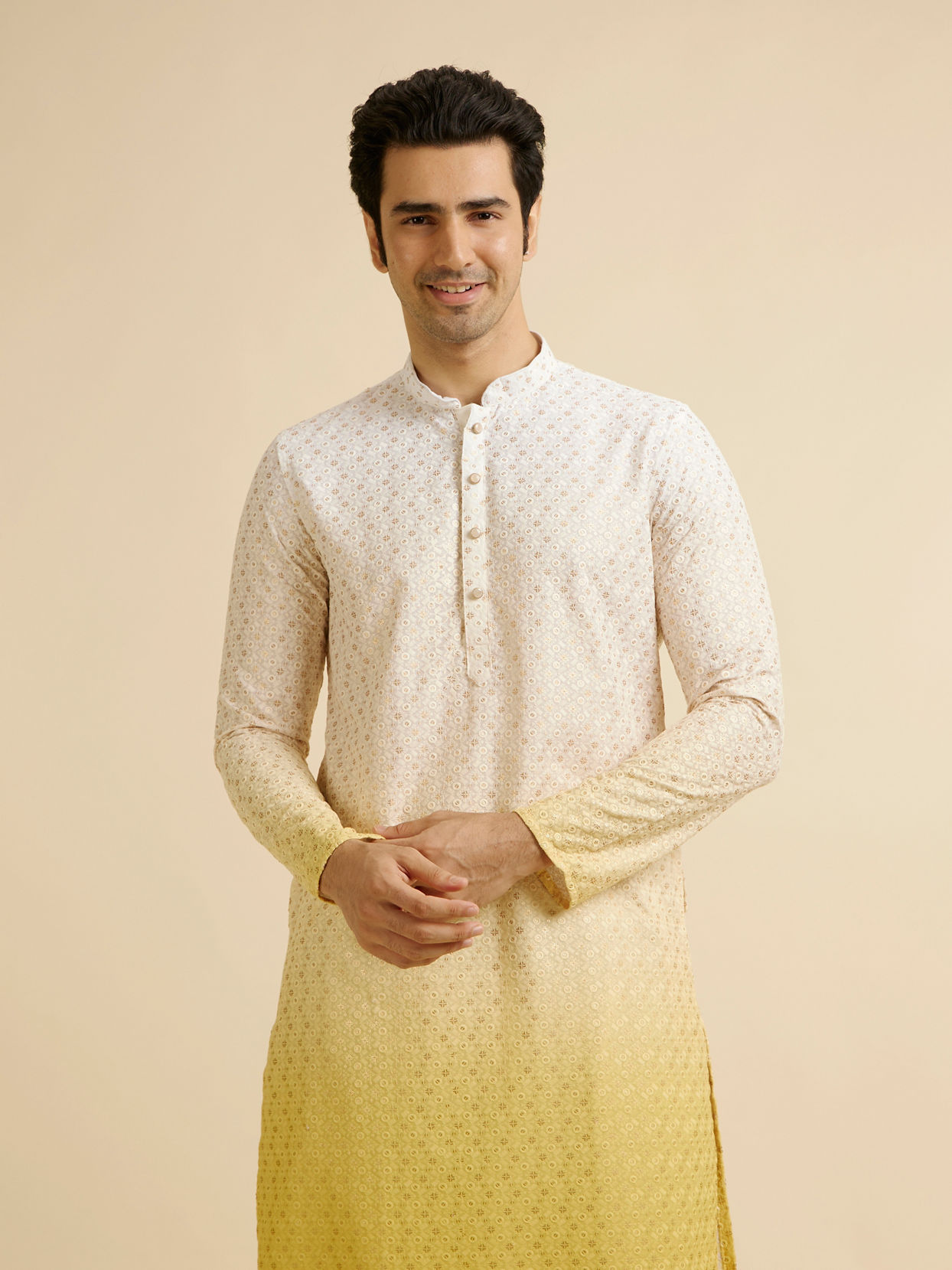 alt message - Manyavar Men Yellow Ombre Dyed Chikankari Kurta Set image number 0