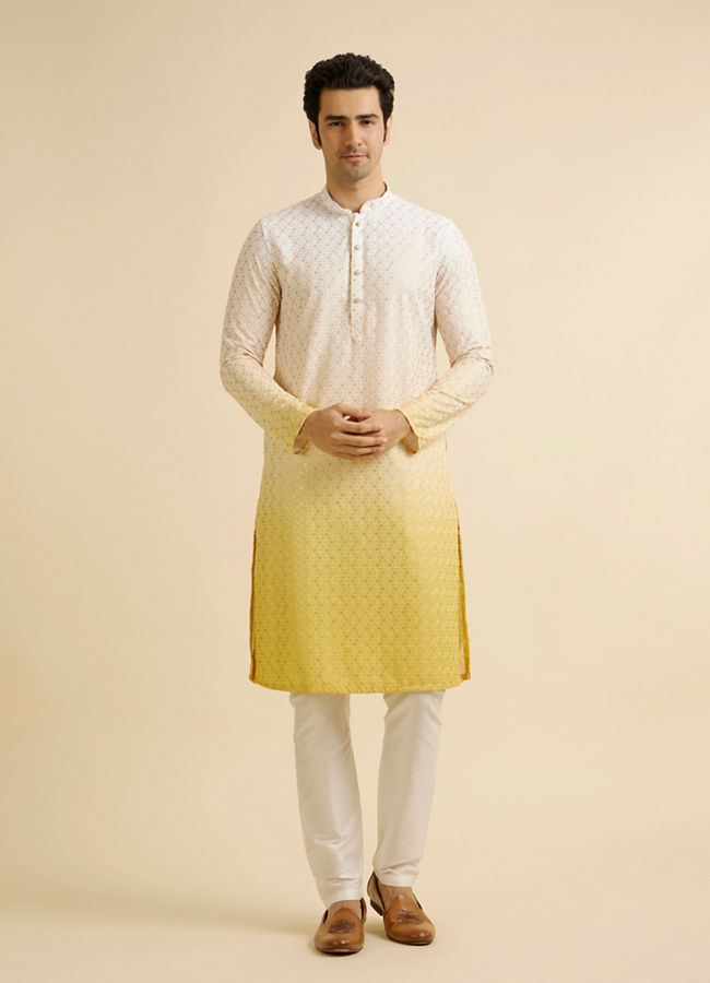 alt message - Manyavar Men Yellow Ombre Dyed Chikankari Kurta Set image number 2