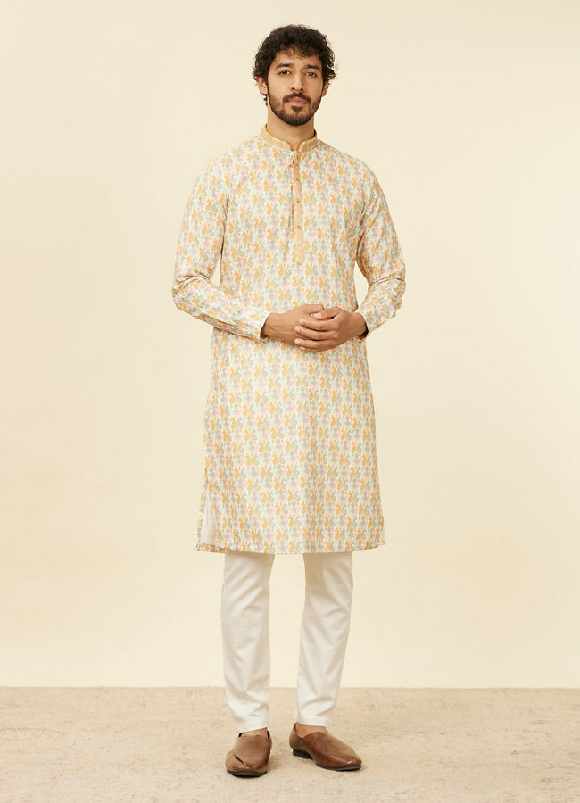 Manyavar Men Soft Beige Paisley Patterned Kurta Set