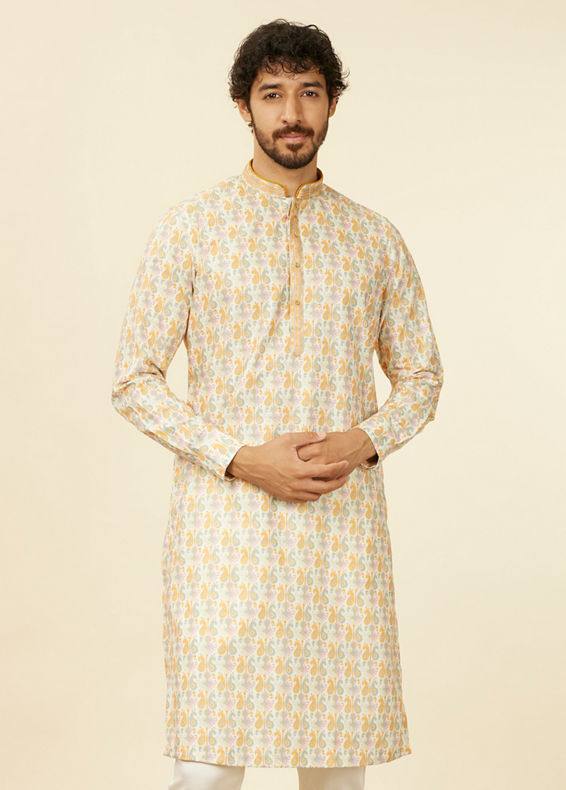 Manyavar Men Soft Beige Paisley Patterned Kurta Set