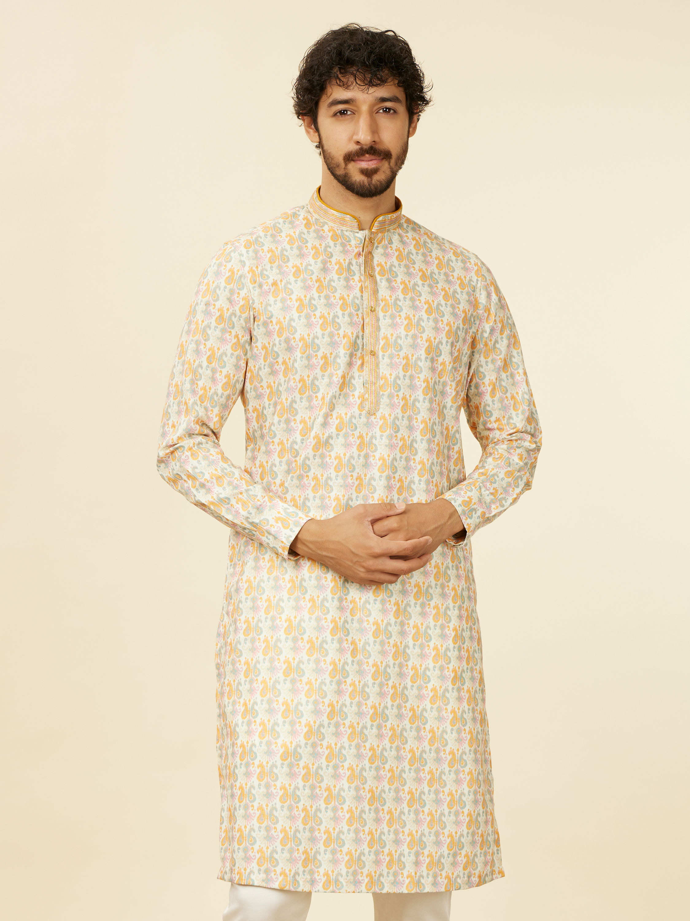 Manyavar Men Soft Beige Paisley Patterned Kurta Set