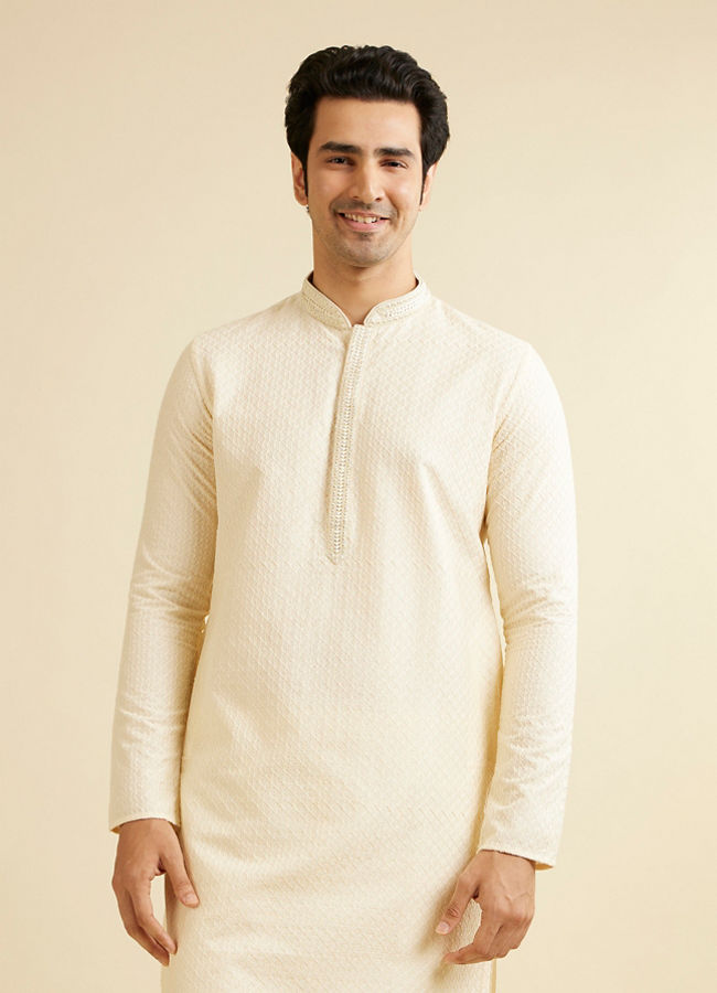 Manyavar Men Cream White Buta Jaal Patterned Kurta Set