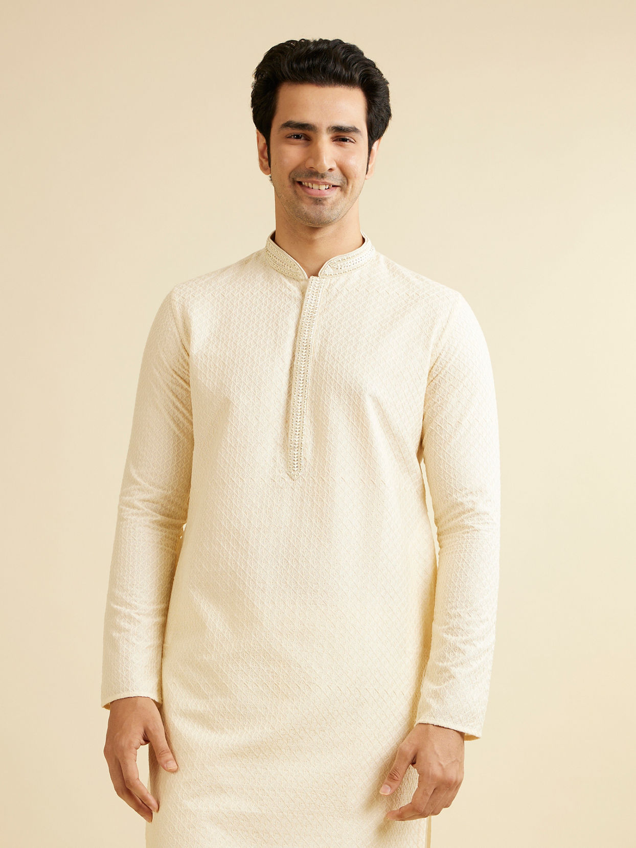 Manyavar Men Cream White Buta Jaal Patterned Kurta Set