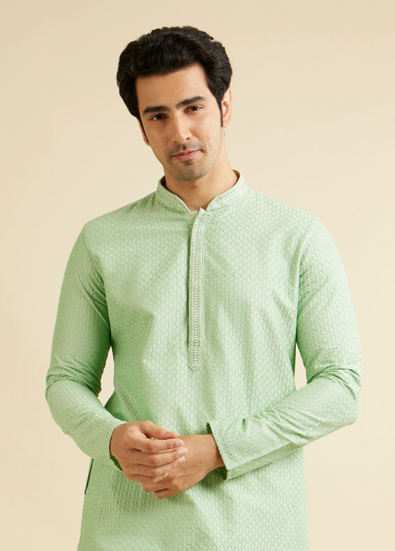 Manyavar Men Light Mid Green Buta Jaal Patterned Kurta Set