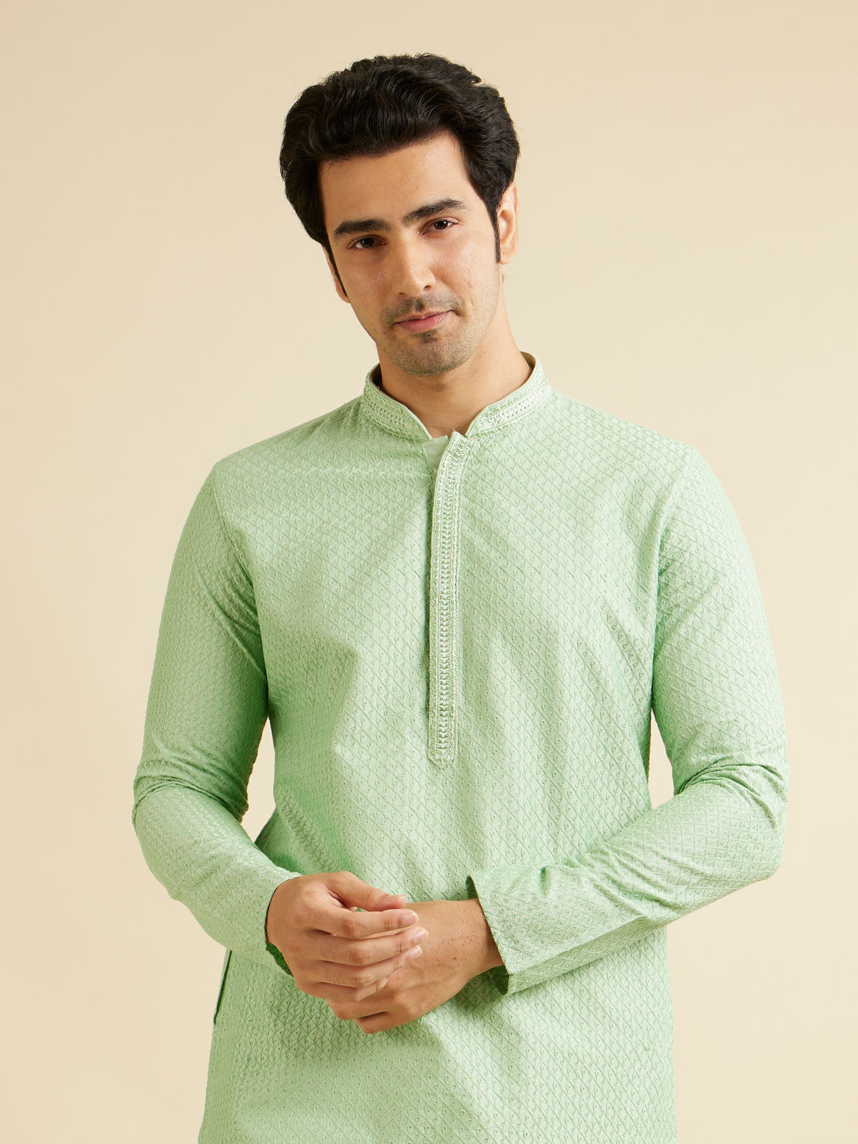 Manyavar Men Light Mid Green Buta Jaal Patterned Kurta Set