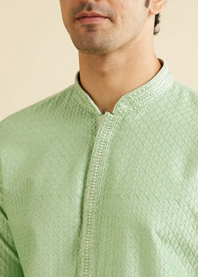 Manyavar Men Light Mid Green Buta Jaal Patterned Kurta Set