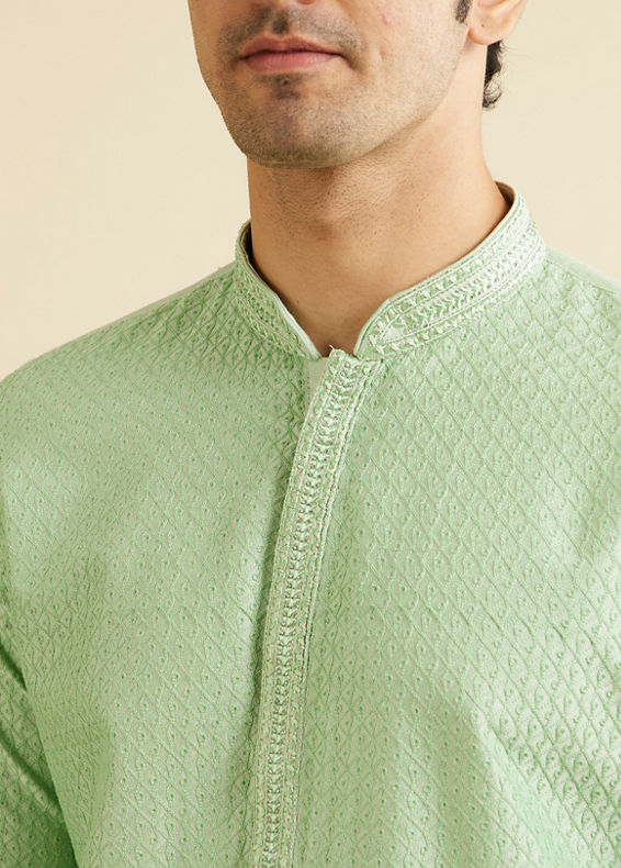 Manyavar Men Light Mid Green Buta Jaal Patterned Kurta Set