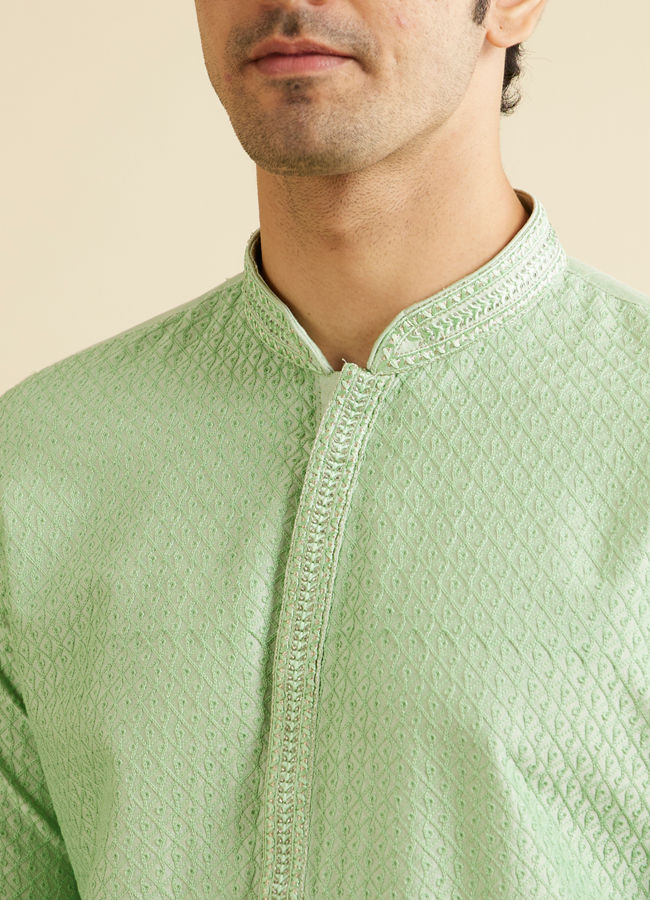 Manyavar Men Light Mid Green Buta Jaal Patterned Kurta Set
