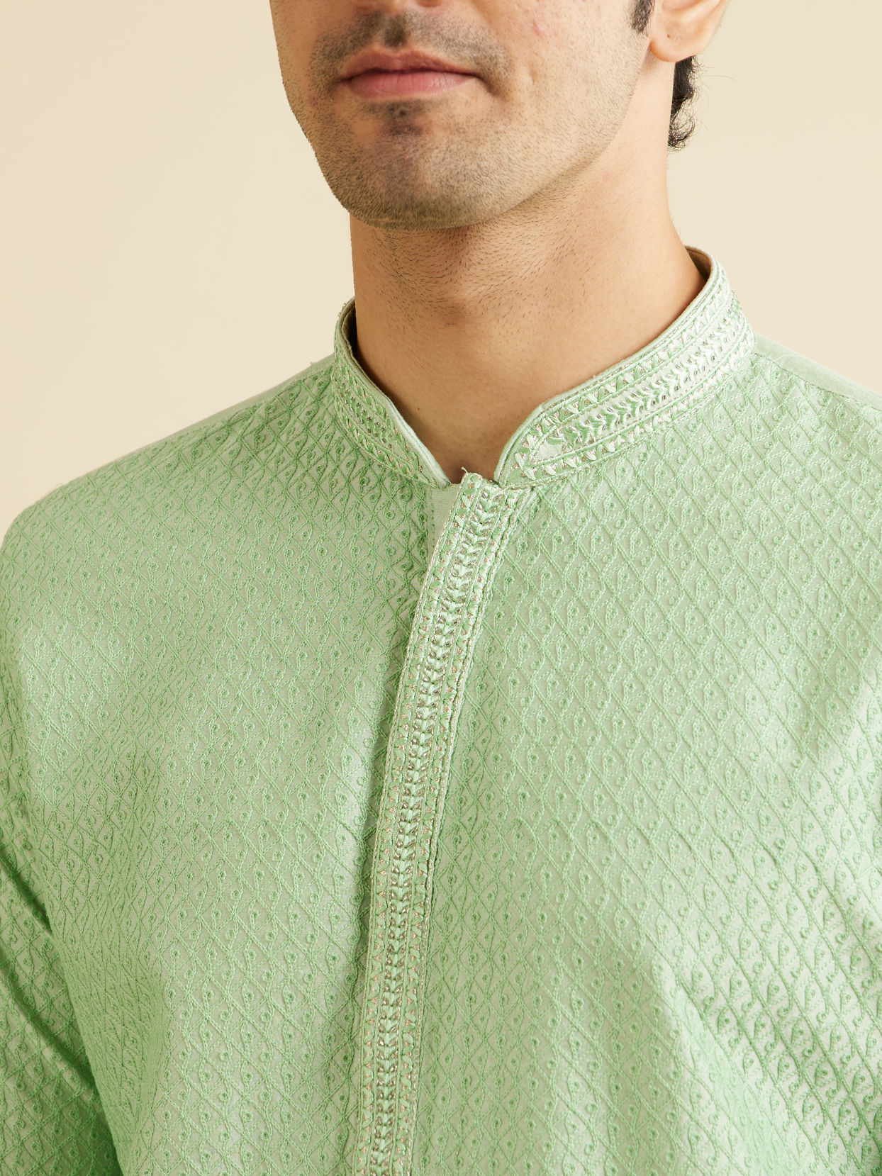 Manyavar Men Light Mid Green Buta Jaal Patterned Kurta Set