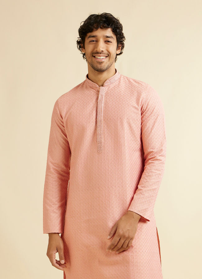 Manyavar Men Coral Peach Buta Jaal Patterned Kurta Set