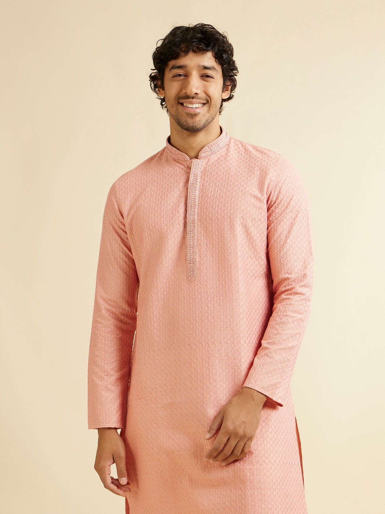 Manyavar Men Coral Peach Buta Jaal Patterned Kurta Set