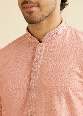 Manyavar Men Coral Peach Buta Jaal Patterned Kurta Set