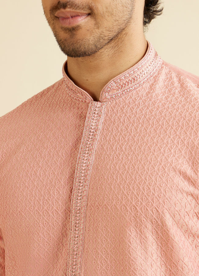 Manyavar Men Coral Peach Buta Jaal Patterned Kurta Set