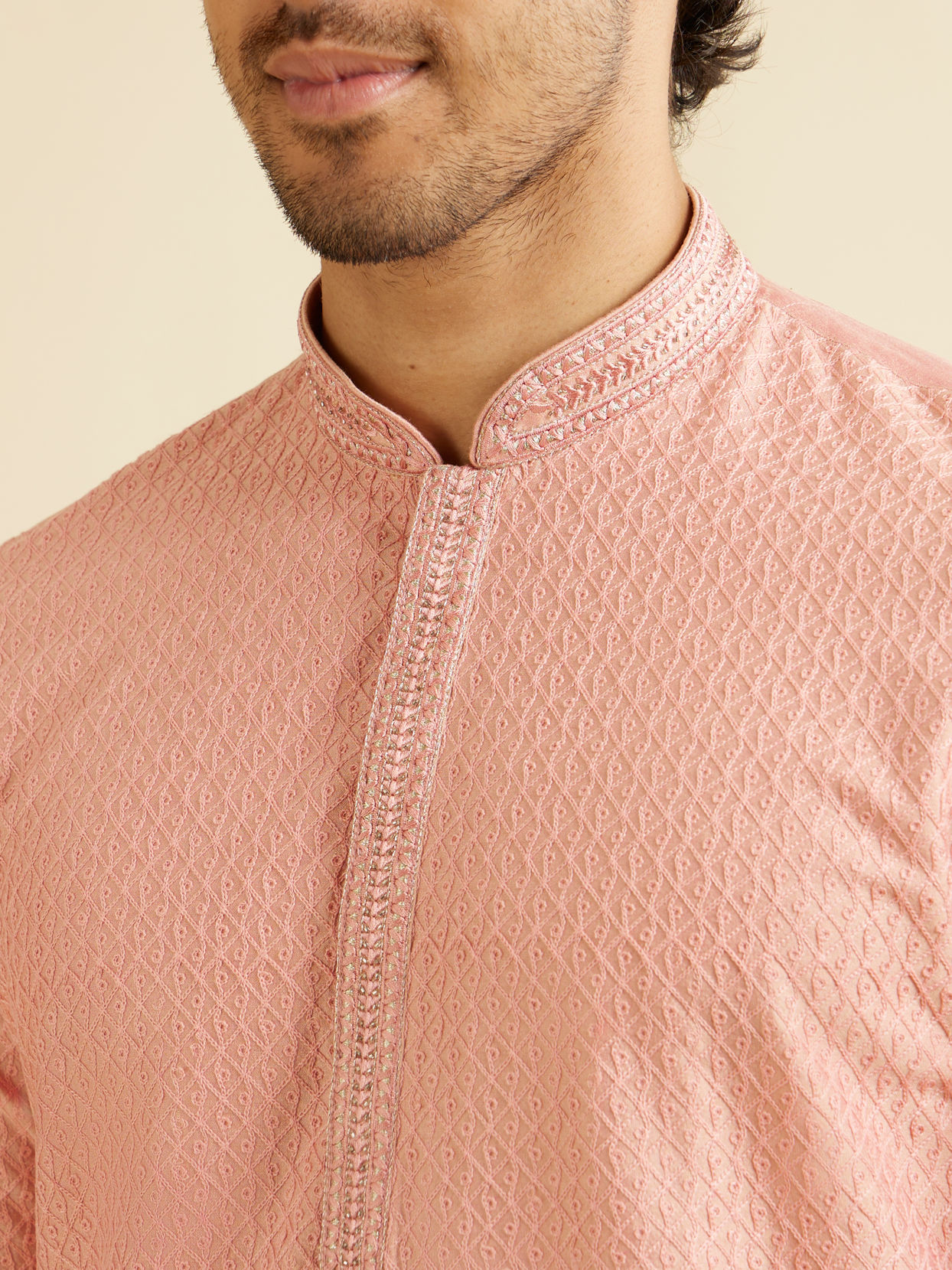 Manyavar Men Coral Peach Buta Jaal Patterned Kurta Set