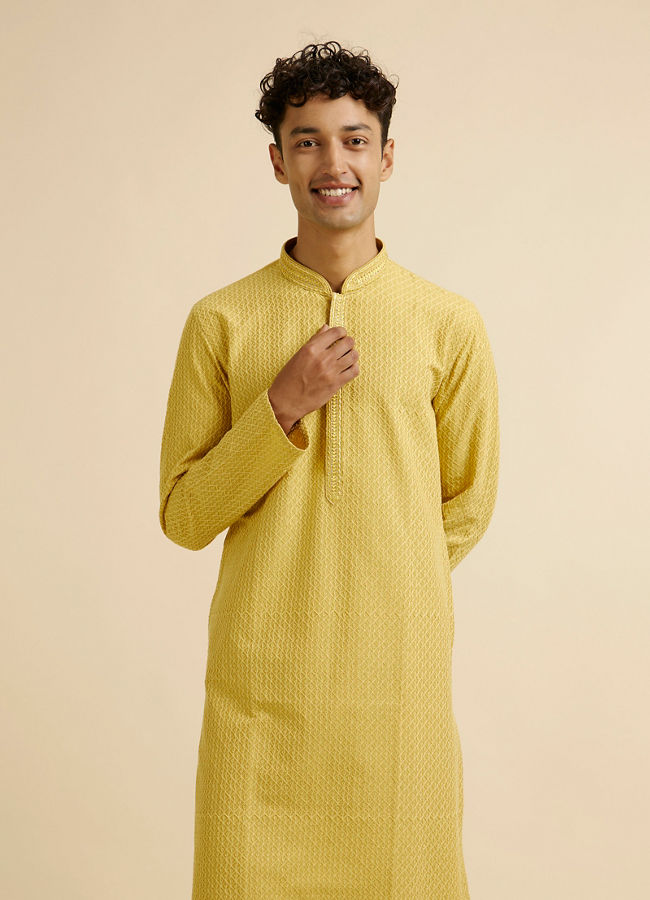 Manyavar Men Mustard Yellow Grid Jaal Patterned Kurta Set