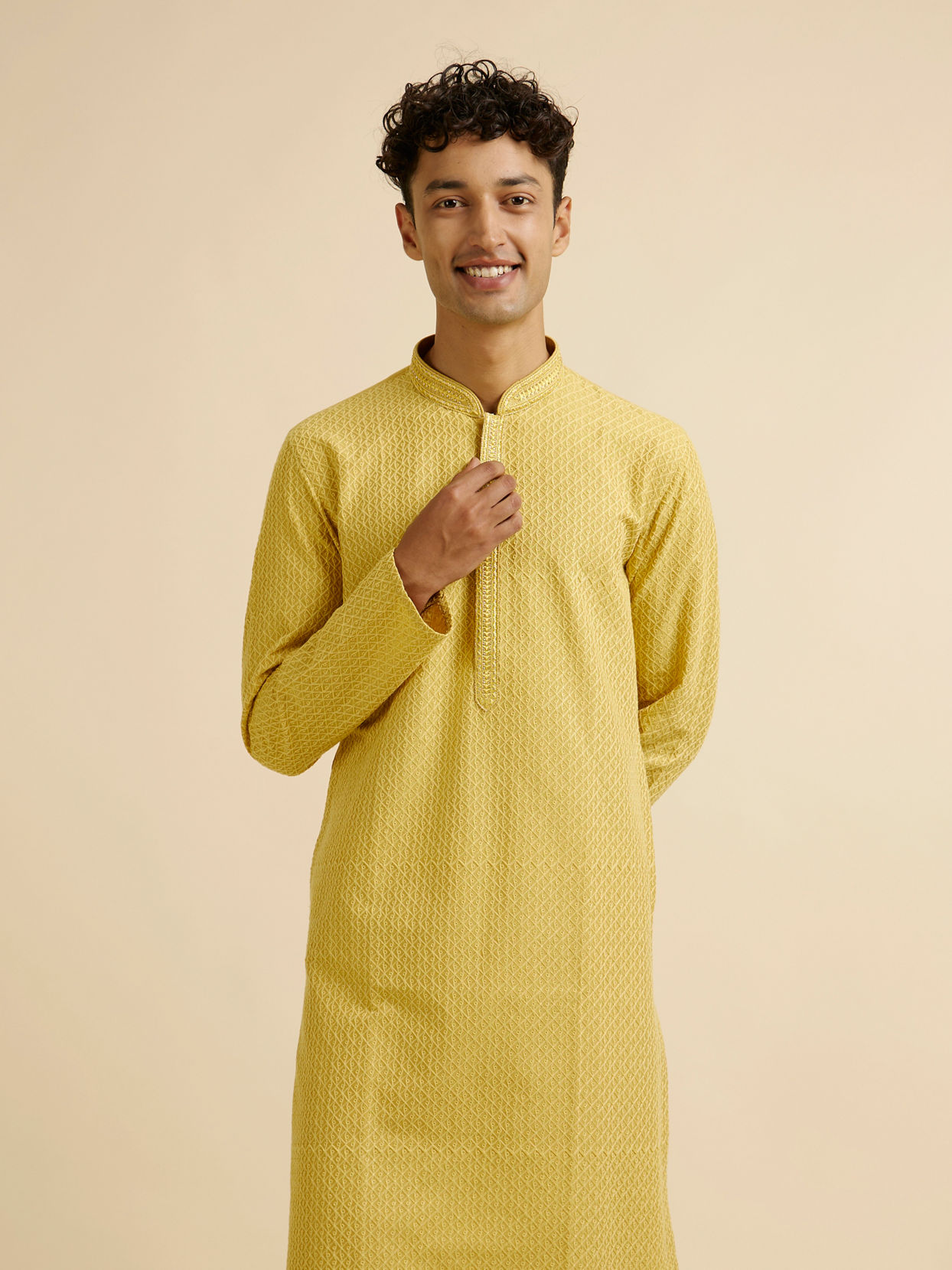 Manyavar Men Mustard Yellow Grid Jaal Patterned Kurta Set