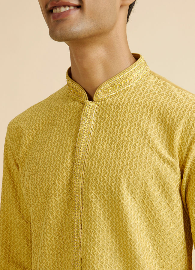 Manyavar Men Mustard Yellow Grid Jaal Patterned Kurta Set