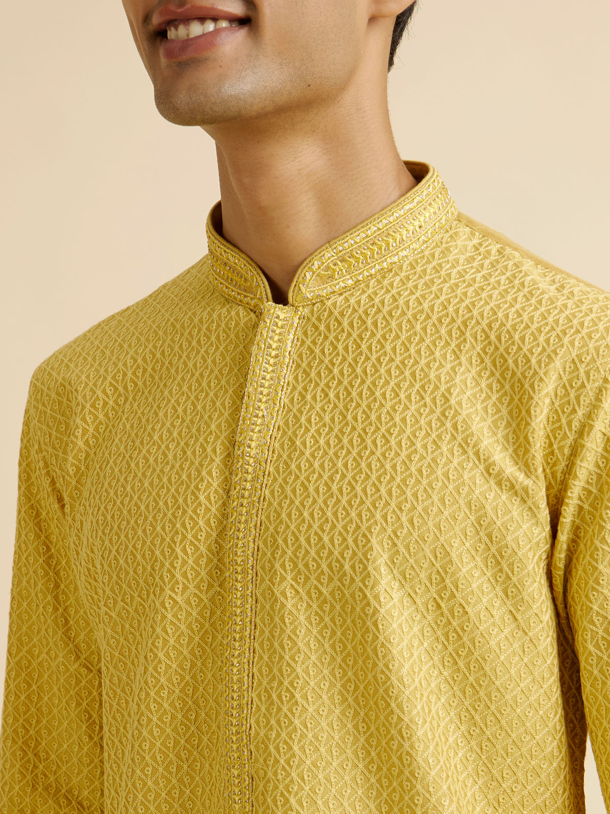 Manyavar Men Mustard Yellow Grid Jaal Patterned Kurta Set