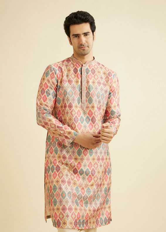 Manyavar Men Soft Beige Ikat Inspired Ogee Print Kurta Set