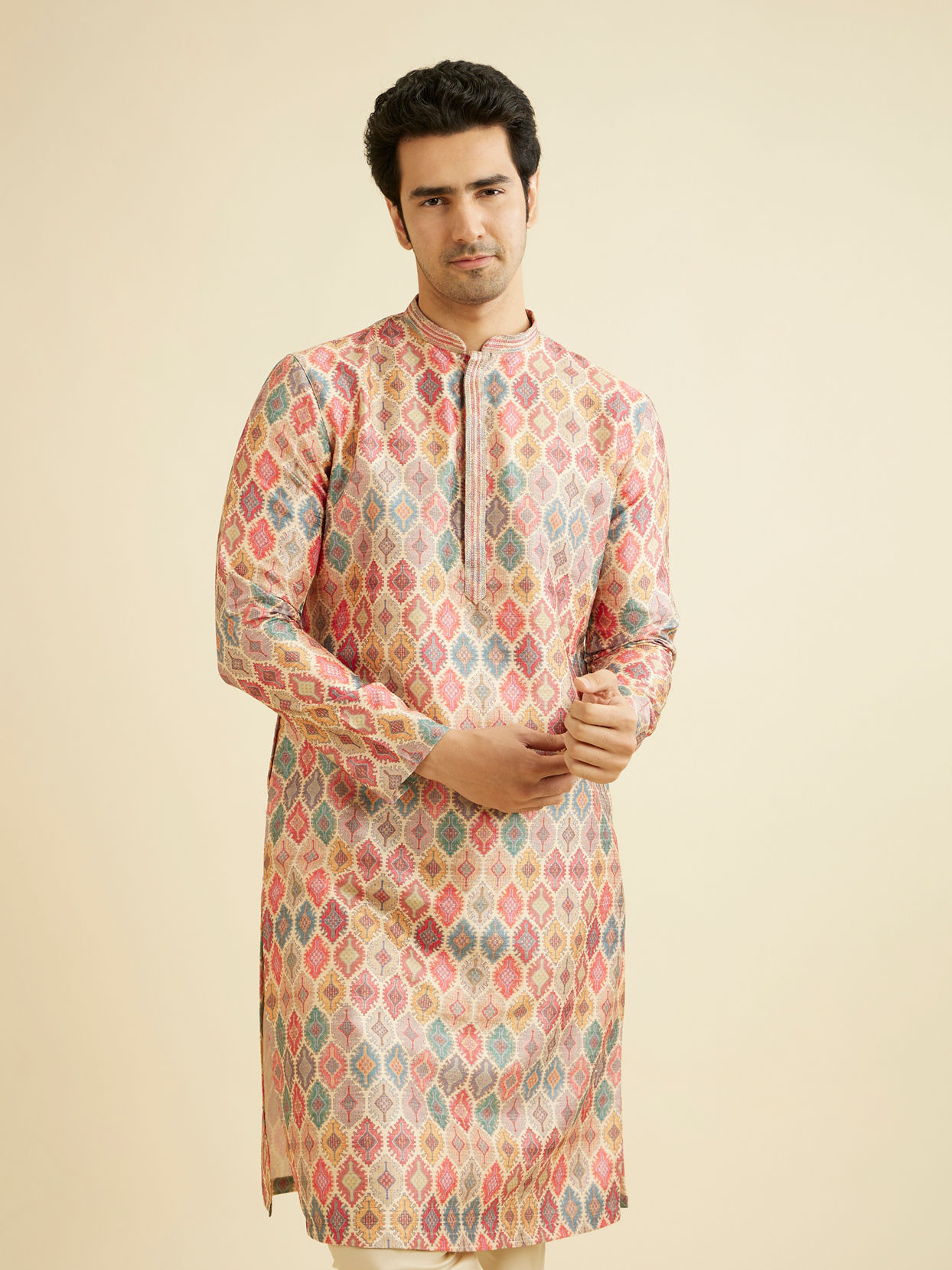 Manyavar Men Soft Beige Ikat Inspired Ogee Print Kurta Set