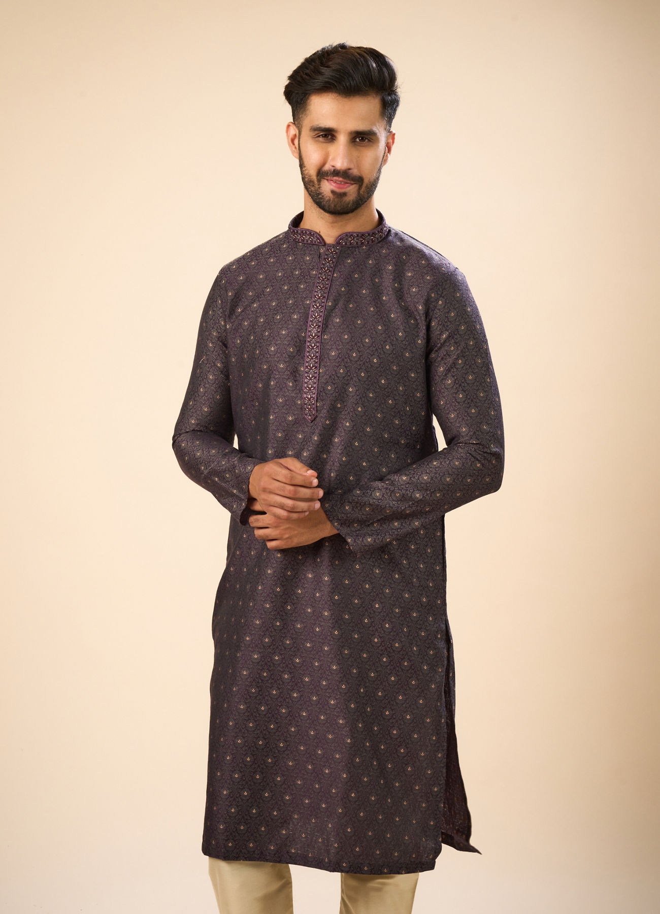 Manyavar Men Regal Purple Brocade Kurta Pajama