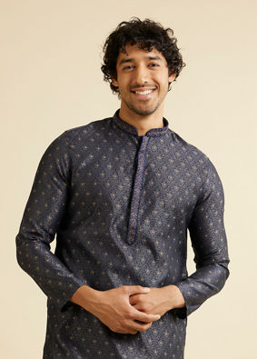 alt message - Manyavar Men Dark Blue Buta Jaal Patterned Kurta Set image number 0