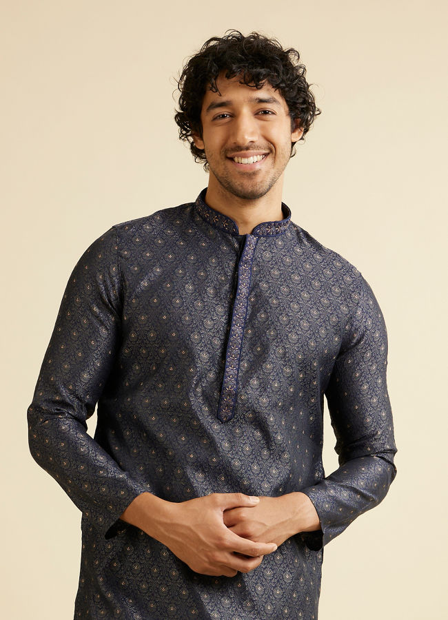 alt message - Manyavar Men Dark Blue Buta Jaal Patterned Kurta Set image number 0